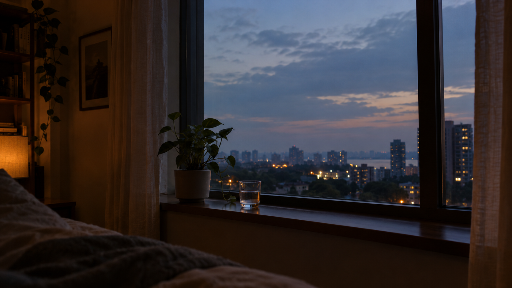 A dim bedroom scene with a bed in the left foreground and a potted plant on the windowsill, looking out at a city skyline at dusk with glowing lights.